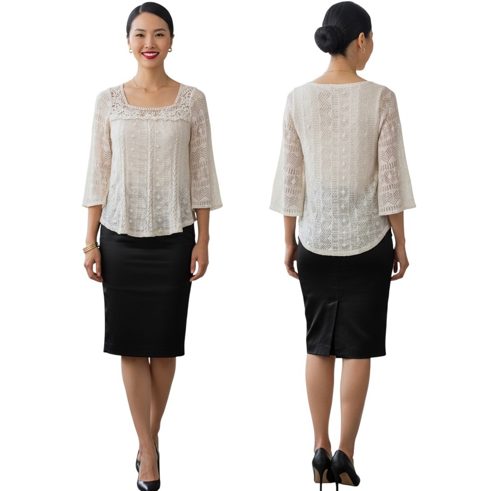 Meadow Rue Anthropologie Cream Mixed Lace Crochet Square Neck Top 3/4 Sleeve M‎